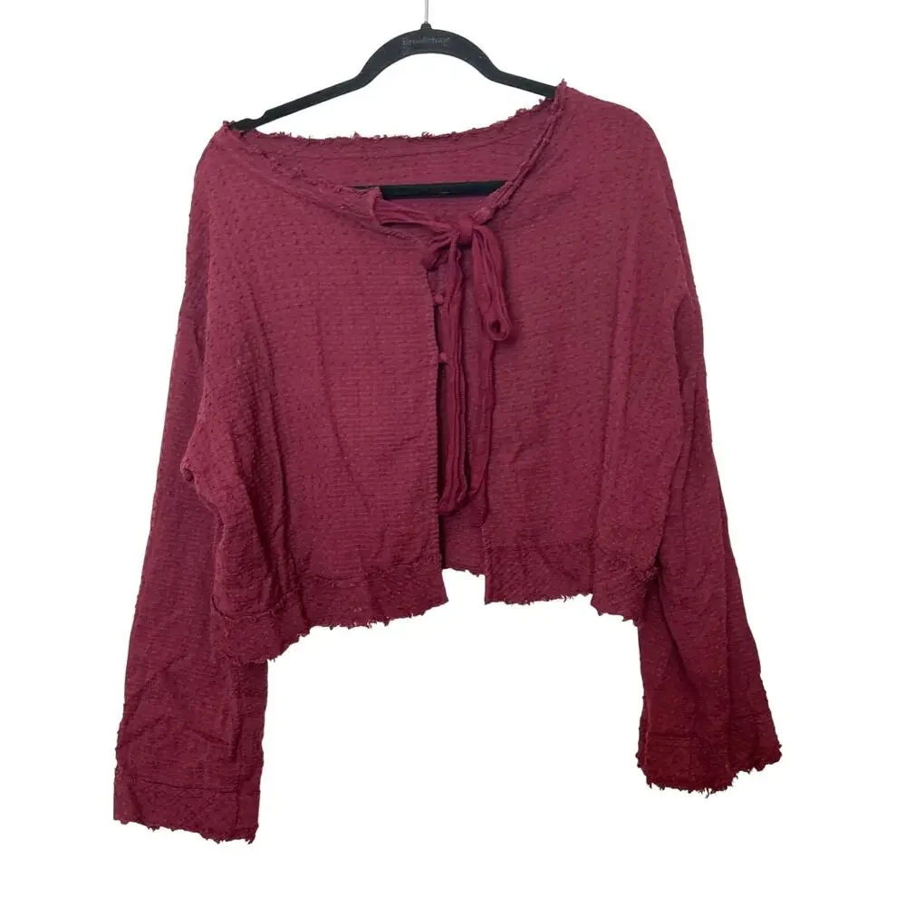 Free People Womens XS Burgundy Boho Long Sleeve Open Back Button Crop Top